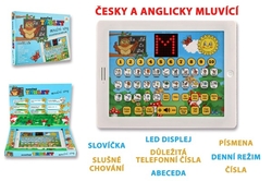 Naučný tablet moudré sovy dvojjazyčný CZ+AJ plast 24x19x2cm na baterie se zvukem v krabici 32x23x3cm