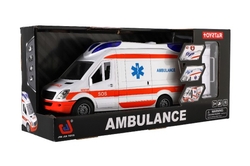 Auto ambulance plast 26cm s lehátkem na setrvačník se světlem se zvukem v krabici 37x18x11,5cm